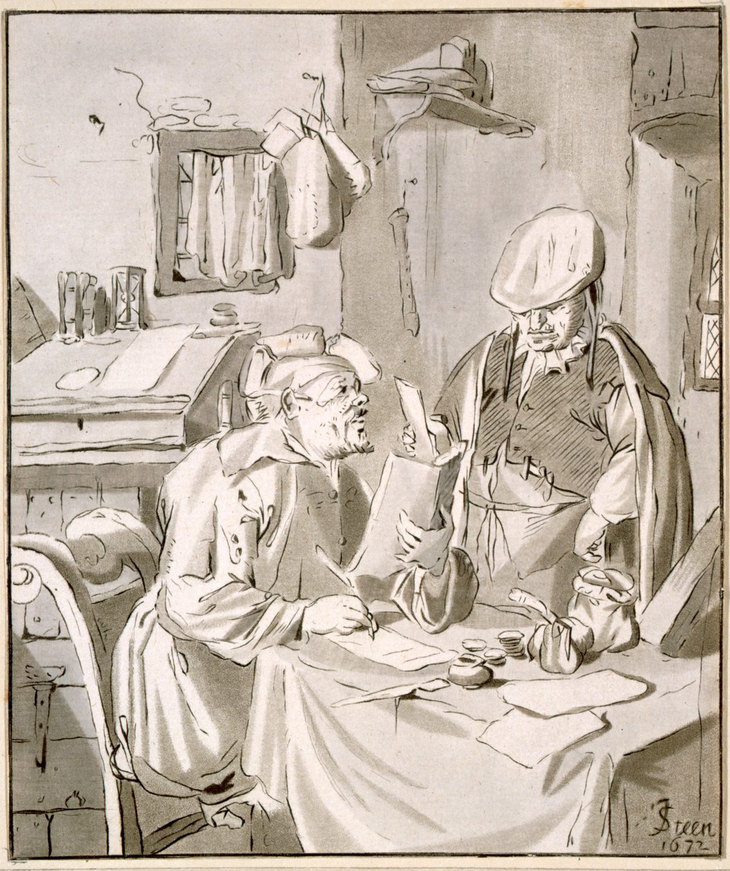 Dva muži diskutující o penězích v kanceláři, 1672, kopírovaný Cornelis Ploos van Amstel (1726-98) nebo Christian Josi (asi 1765-1828) od Jan Havickszoon Steen