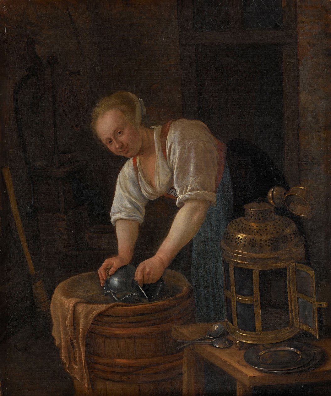Žena na čištění kovových předmětů, 1650-60 od Jan Havickszoon Steen