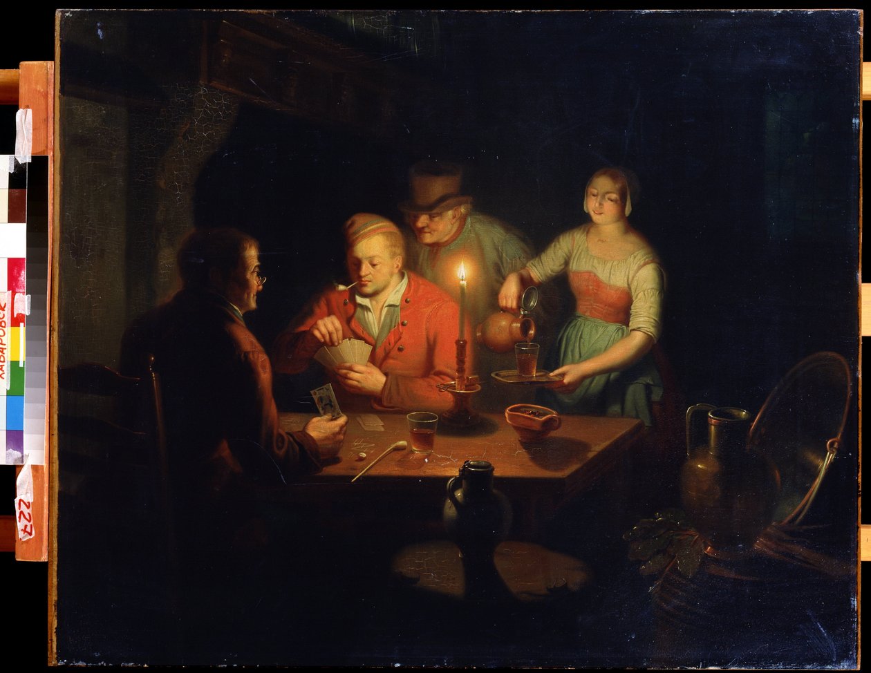 Karetní hra. Obraz Jana Hendrika van Grootvelda (1808-1855). Olej na dřevě, 70 x 93 cm, holandské umění 19. století. Muzeum Dálného východu, Chabarovsk (Rusko). od Jan Hendrick van Grootvelt