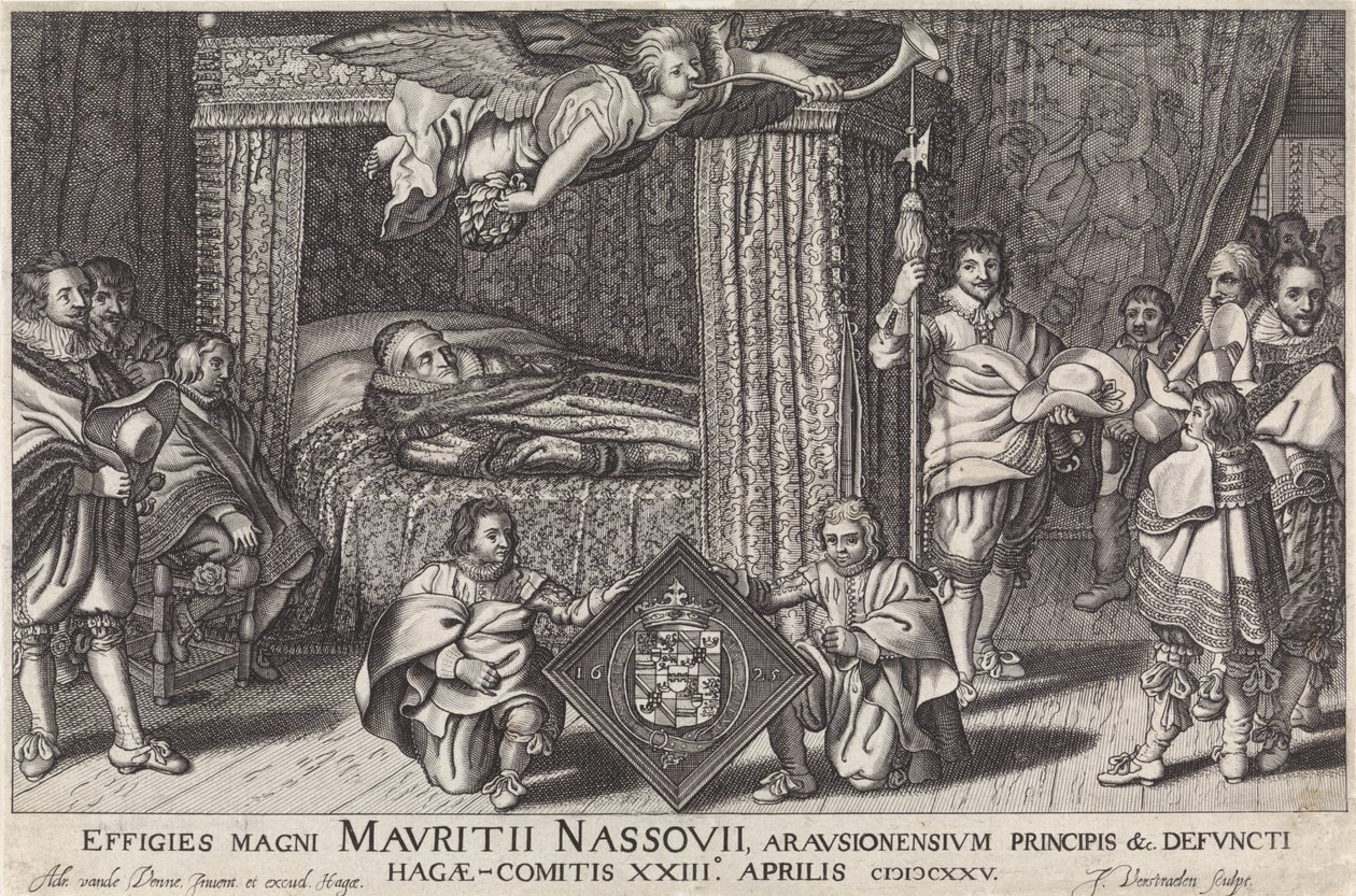 Paradebed van Prins Maurits, 1625 Podobiznami velkého Maurice Nassouiiho, prince z Arausion atd. zesnulého Hague-Comitis XXIII dubna 1825 (název na objektu) od Jan Hendriksz. Verstraelen