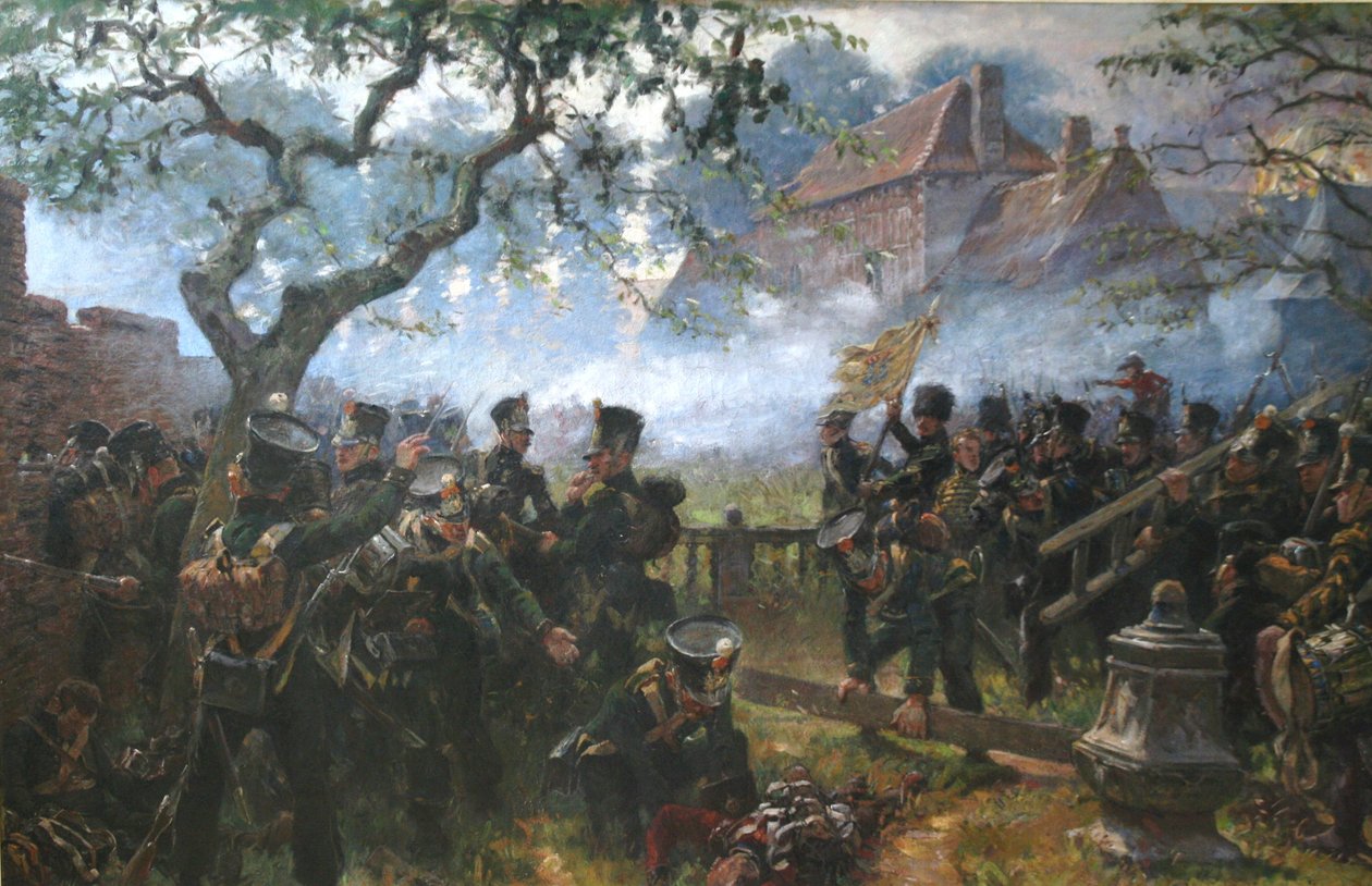 Nassauské jednotky u Hougoumontu během bitvy u Waterloo od Jan Hoynck van Papendrecht