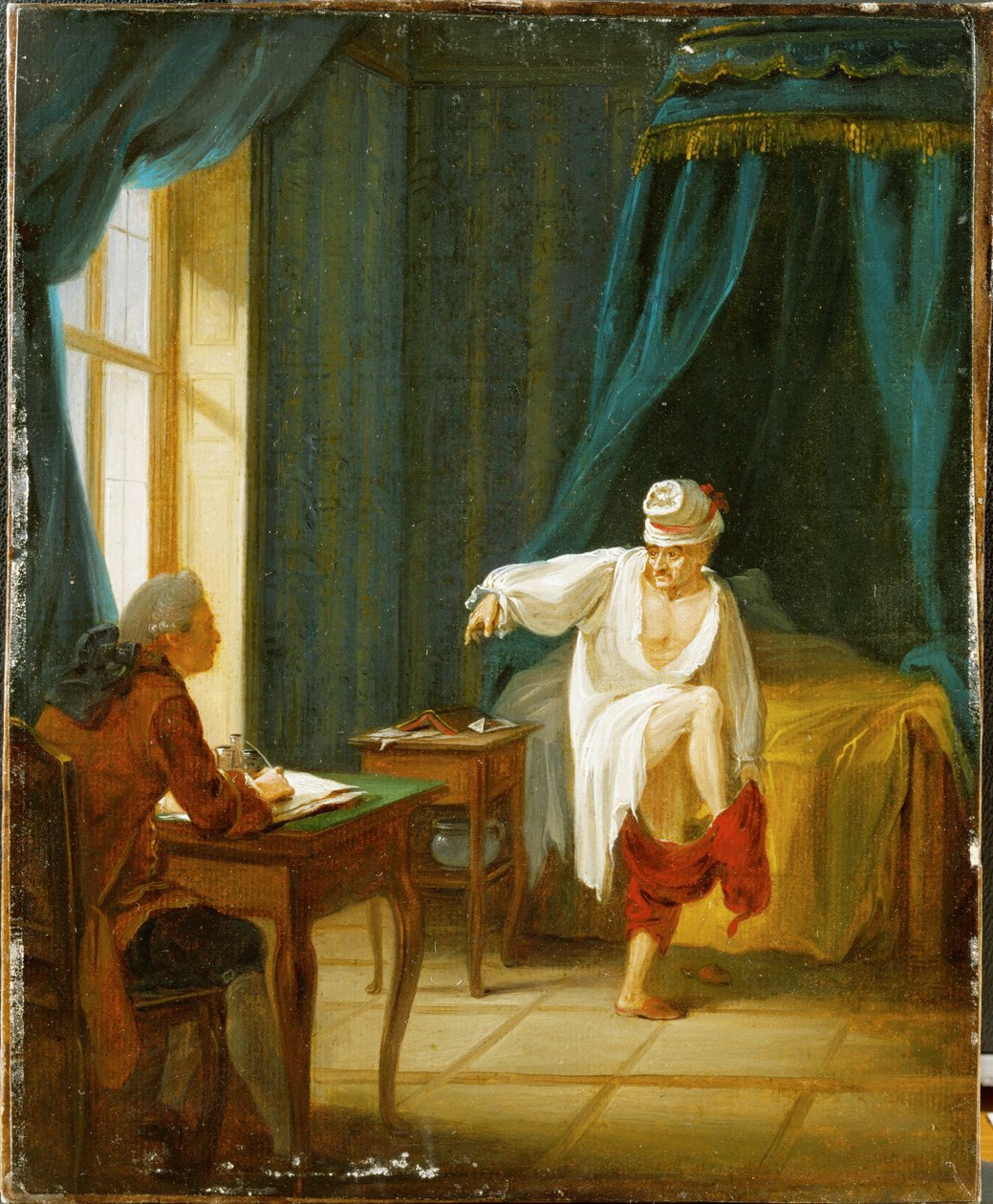 Voltaire v noční košili, oblékající si kalhoty a diktující svému sekretáři ve svém domě ve Fernetu ve Francii... (olej na papíře nalepený na kartonu) od Jan Huber