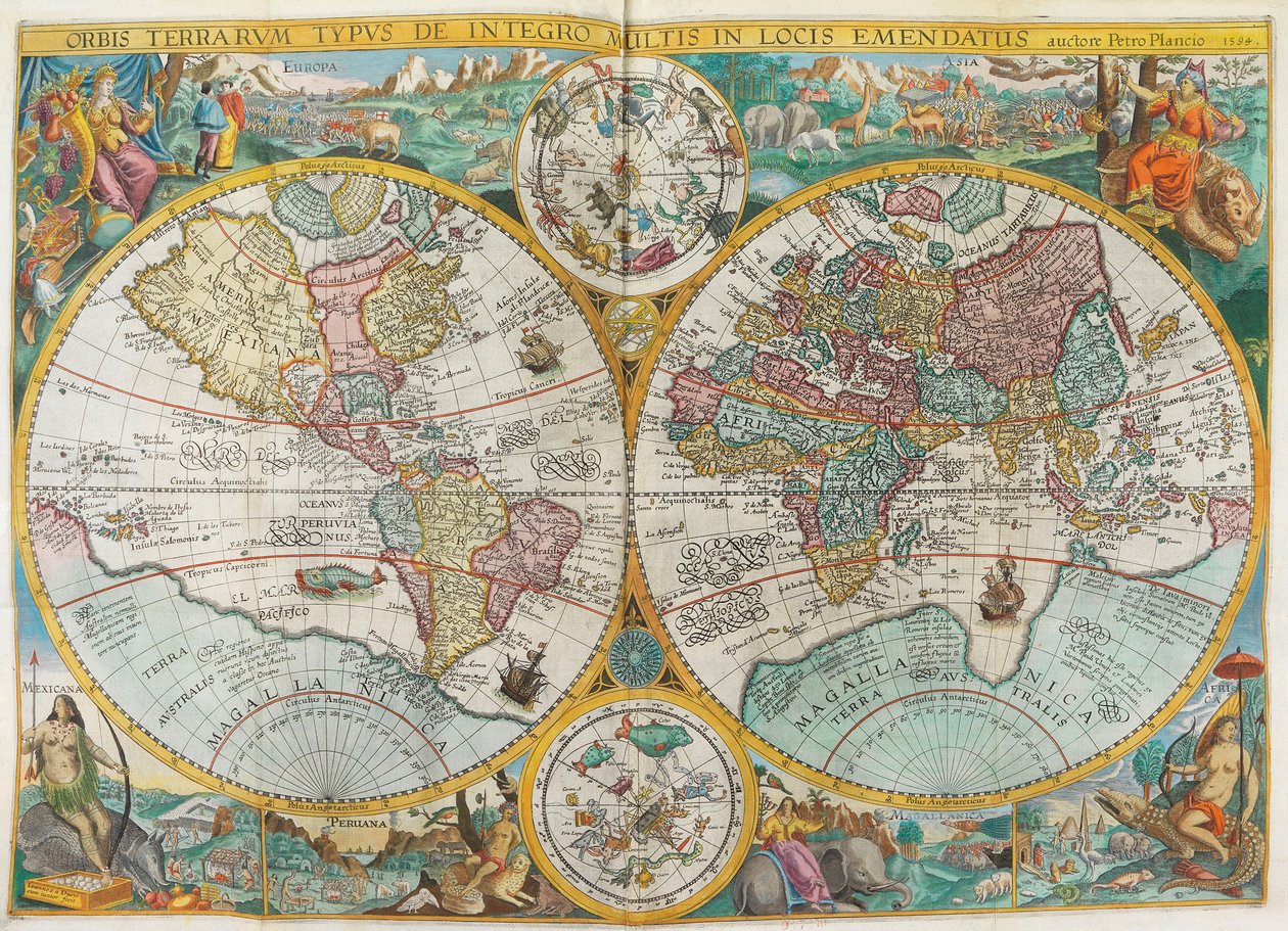 Itinerárium. Mapa světa s kostýmy, domorodci, loděmi, rostlinami a zvířaty, 1644. od Jan Huygen van Linschoten
