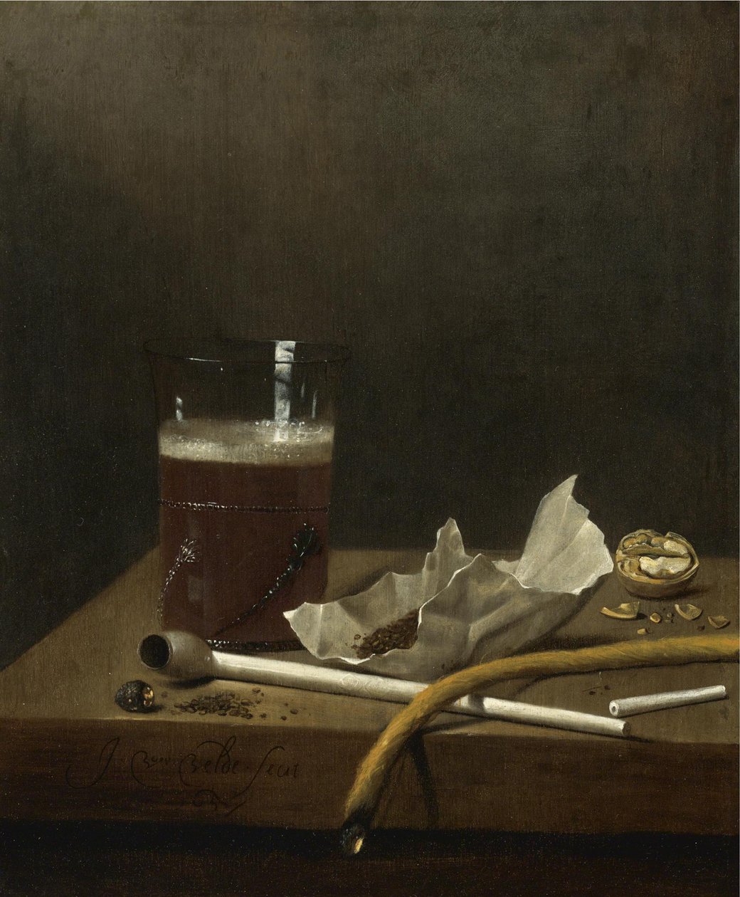 Zátiší se sklenicí piva, dýmkou, tabákem a dalšími potřebami ke kouření, 1658 od Jan III van de Velde