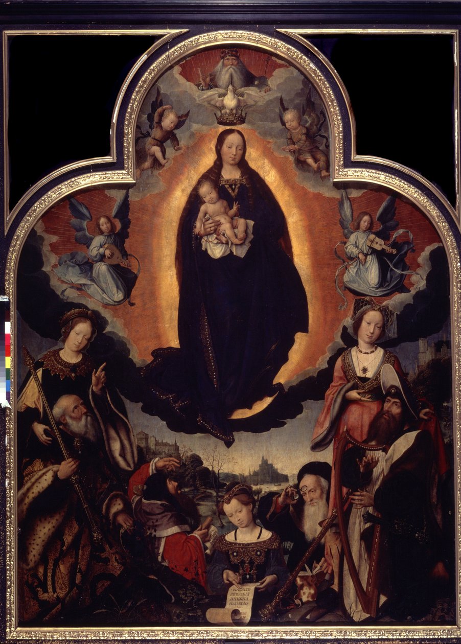""La Vierge en Gloire"" (Oslava Panny Marie) Mezi postavami obklopujícími Pannu a Ježíše Krista: Král David hrající na harfu, římský císař Augustus (Caius Julius Caesar Octavianus Augustus) (63 př.nl-14 n.l.), proroci od Jan II Provost
