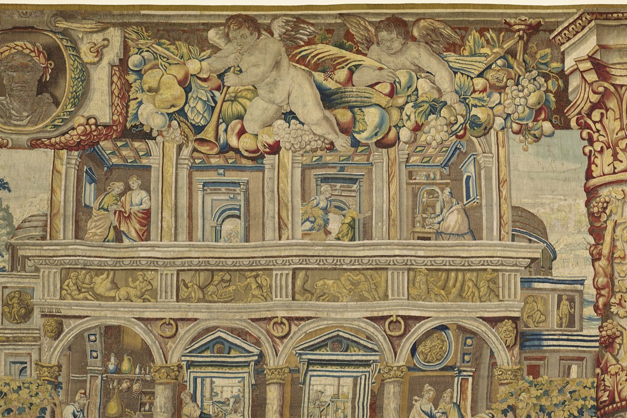 Detail paláce a hudebního anděla z Vertumnus a Pomona, c.1630 od Jan II Raes