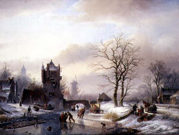 Bruslaři na zamrzlé řece (olej na plátně) od Jan Jacob Spohler