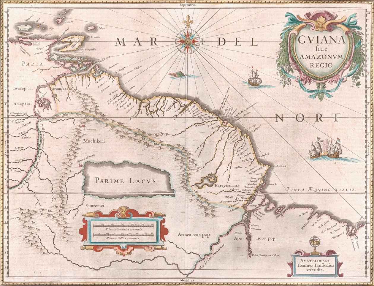 Mapa vytvořená kolem roku 1649 zobrazující region Guyana. Území nárokované Španělskem červeně na západě, Nizozemská Guyana zvýrazněná žlutě a portugalské území červeně na jihovýchodě. K vidění je i bájné jezero Parime od Jan Janssonius
