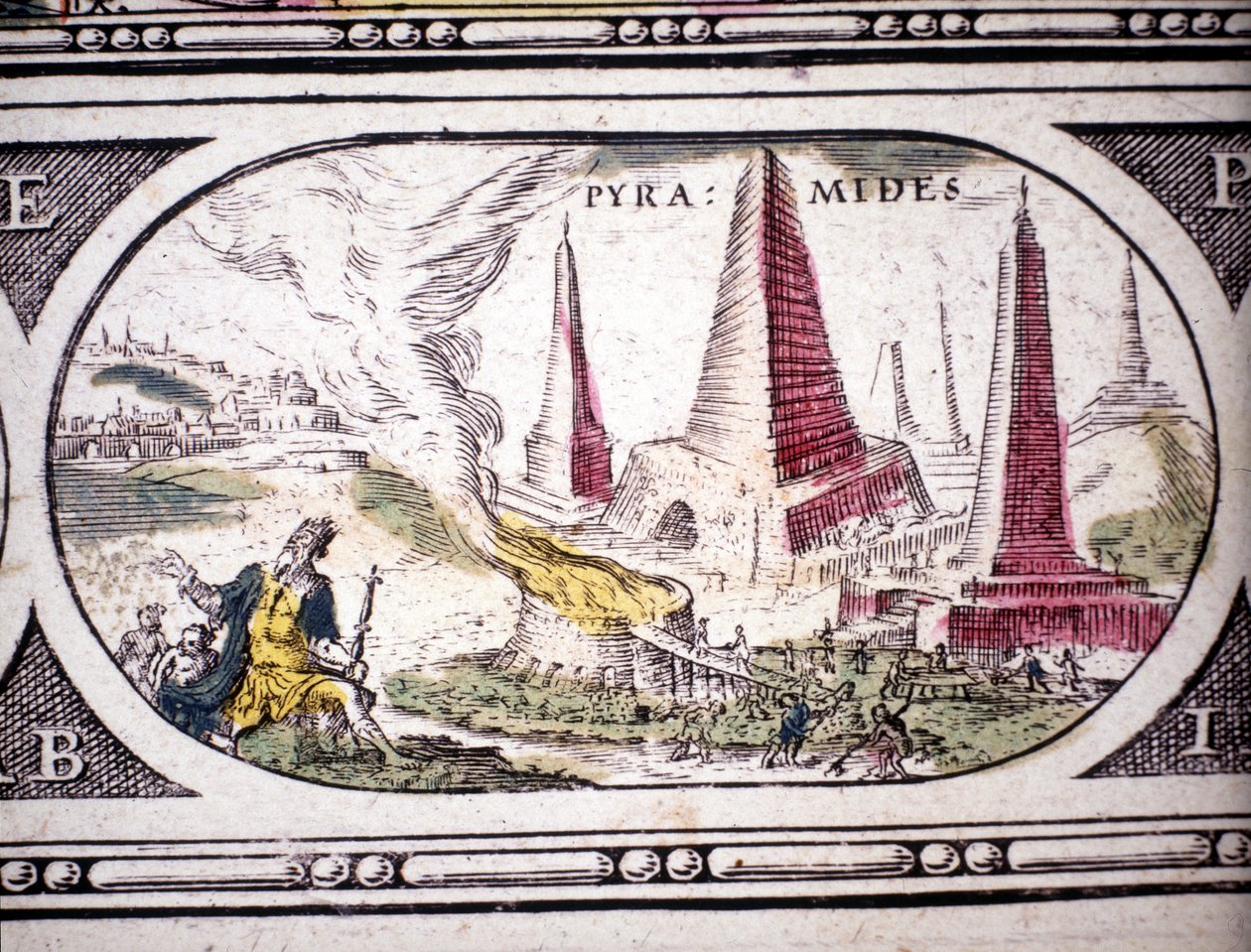 Znázornění sedmi divů starověku: Egyptské pyramidy. v Atlasu Janssona Janssonia vytištěném v Amsterodamu roku 1630. Soukromá sbírka. od Jan Janssonius