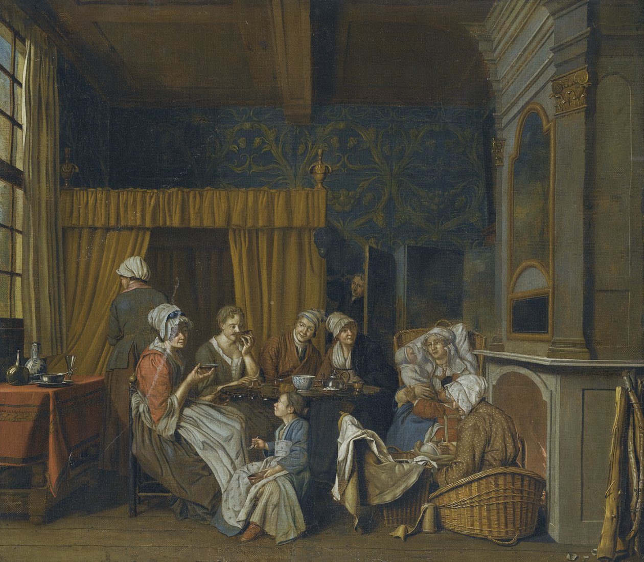 Rodina popíjející čaj při oslavách narození dvojčat od Jan Josef Horemans the Younger