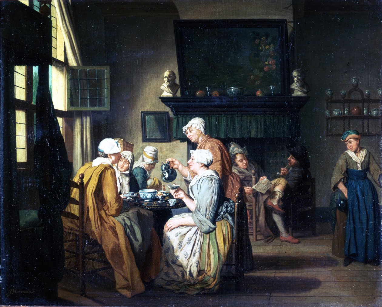 Buržoazní interiér s dámami pijícími čaj, muž čtený u krbu od Jan Josef the Elder Horemans