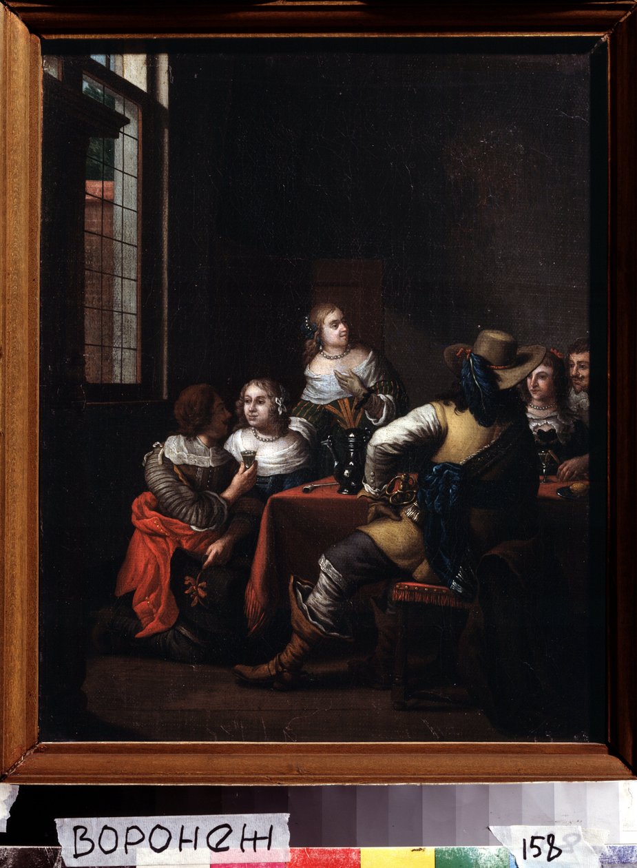 "Les festivites" (Veselé setkání) skupina jezdců a dam se šťastně shromáždila kolem stolu. Obraz Jana Josepha Horemanse staršího (1682-1759) 18. století Ivan Kramskoy (nebo Kramskoi) Muzeum výtvarných umění ve Voroněži (Voronezh), Rusko. od Jan Josef the Elder Horemans