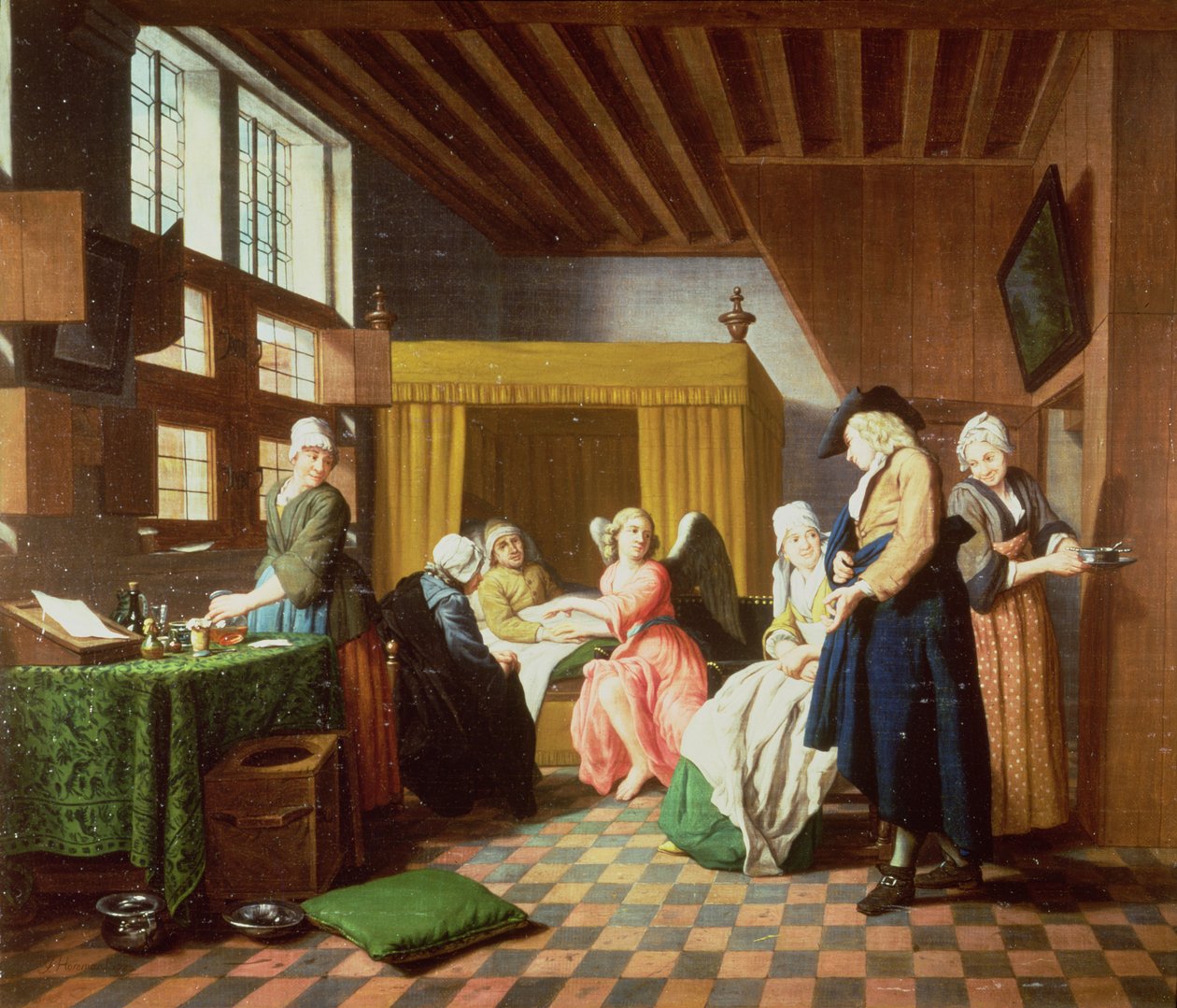 Návštěvy lékaře – holandské přísloví: Doktor je zobrazen jako anděl poskytující pomoc nemocnému (jeden ze sady čtyř) od Jan Josef the Elder Horemans