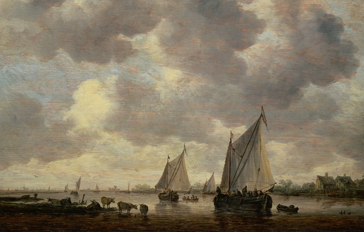 Kanál v Holandsku nebo dvě velké plachetnice a dobytek u řeky od Jan Josephsz van Goyen
