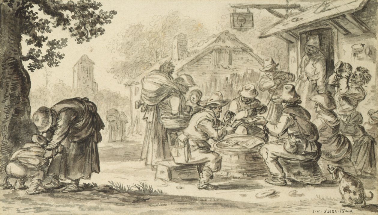 Karetní hra Farmers před hostincem, 1624 (tužka, pero, inkoust a štětec na papíře) od Jan Josephsz van Goyen