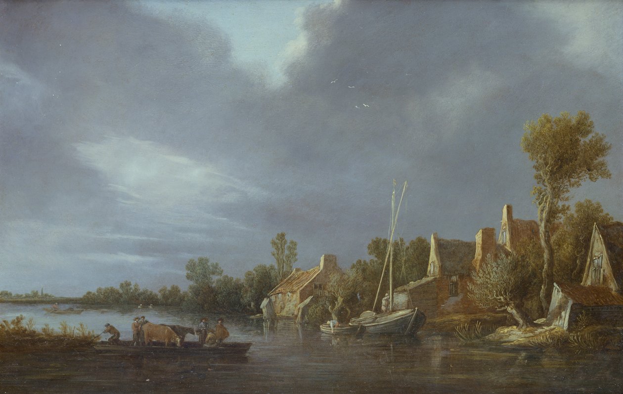 Vesnice u řeky s rolníky a dobytkem na trajektu od Jan Josephsz van Goyen
