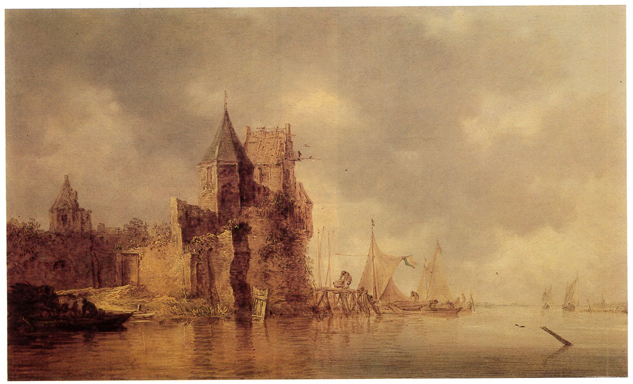Středověká věž na hradním opevnění s plachetnicemi na molu a veslicí v popředí, kolem roku 1642 (olej na panelu) od Jan Josephsz van Goyen
