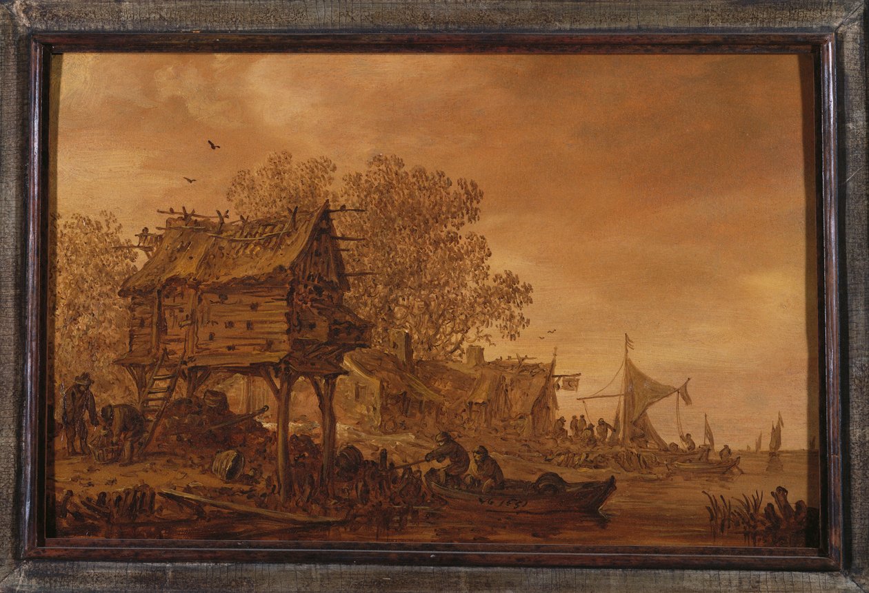 Vesnice na břehu řeky s rolníky na lodi u holubníku, 1651 od Jan Josephsz van Goyen