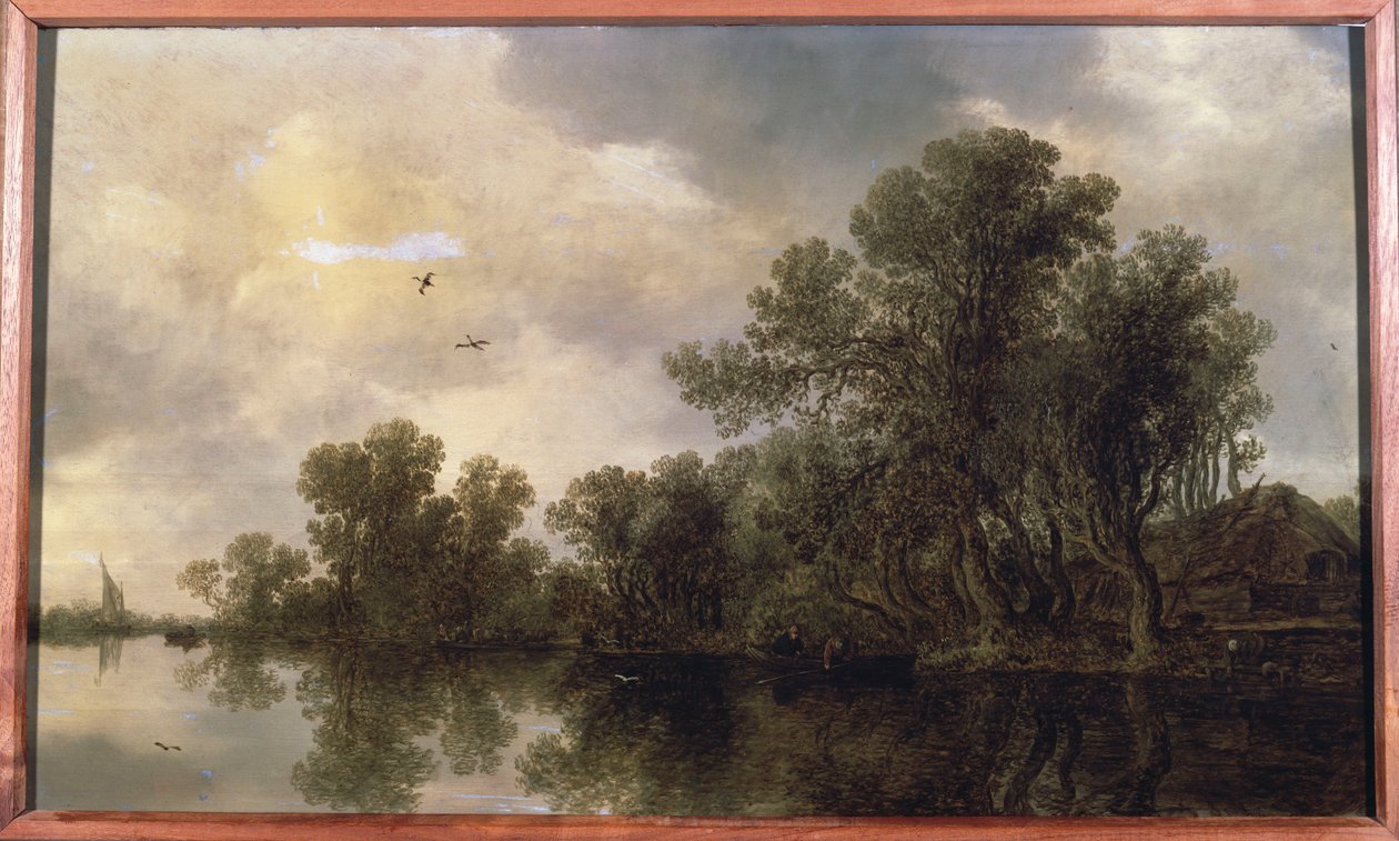 Zalesněná říční krajina s rolníky ve veslici u chaty a přívozem, v dálce plachetnice, 1633 od Jan Josephsz van Goyen