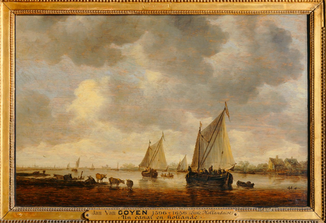 Deux grandes barques à voiles sur un fleuve et bestiaux près de la rive - Dvě velké plachetnice na řece a zvířata na březích ... od Jan Josephsz van Goyen