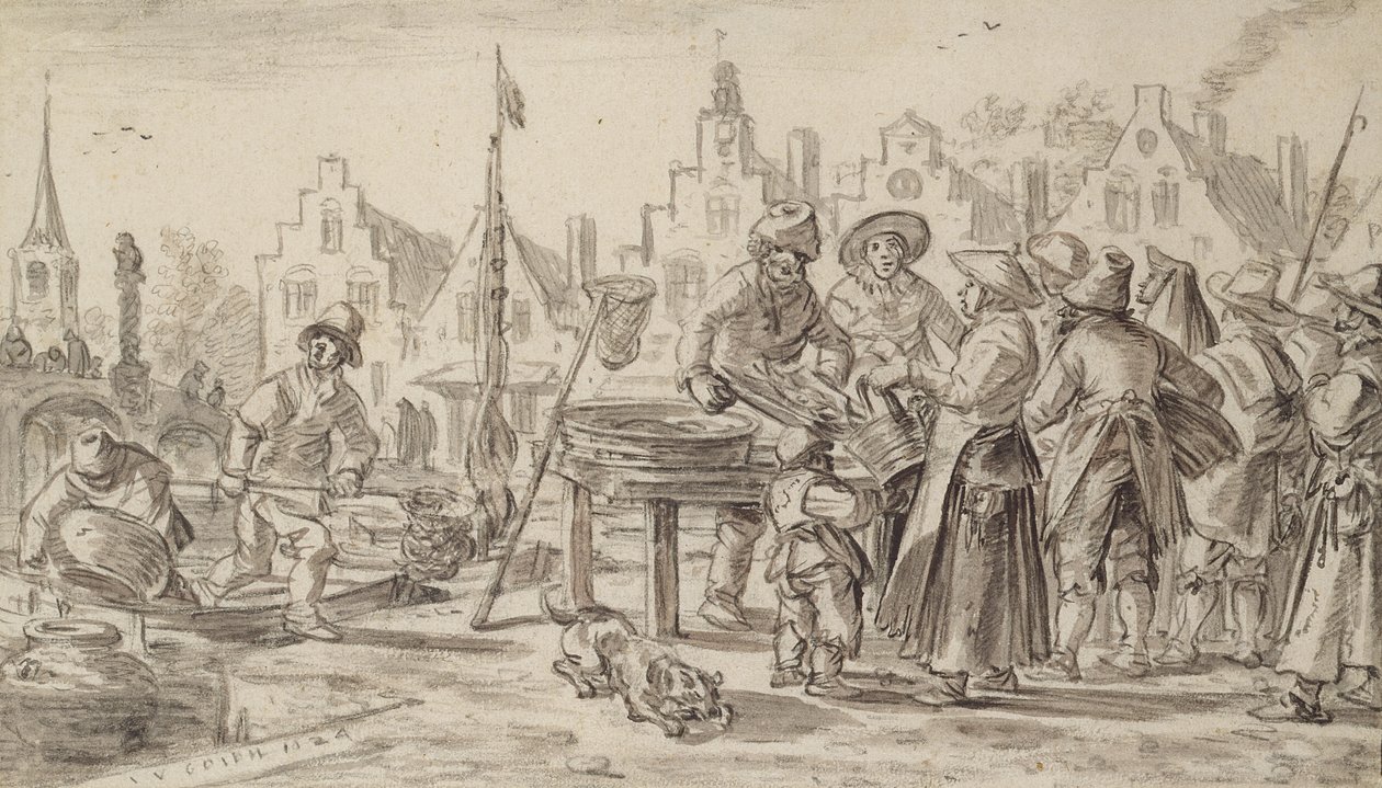 Fishmarket, 1624 (pero a štětec a hnědý inkoust na papíře) od Jan Josephsz van Goyen