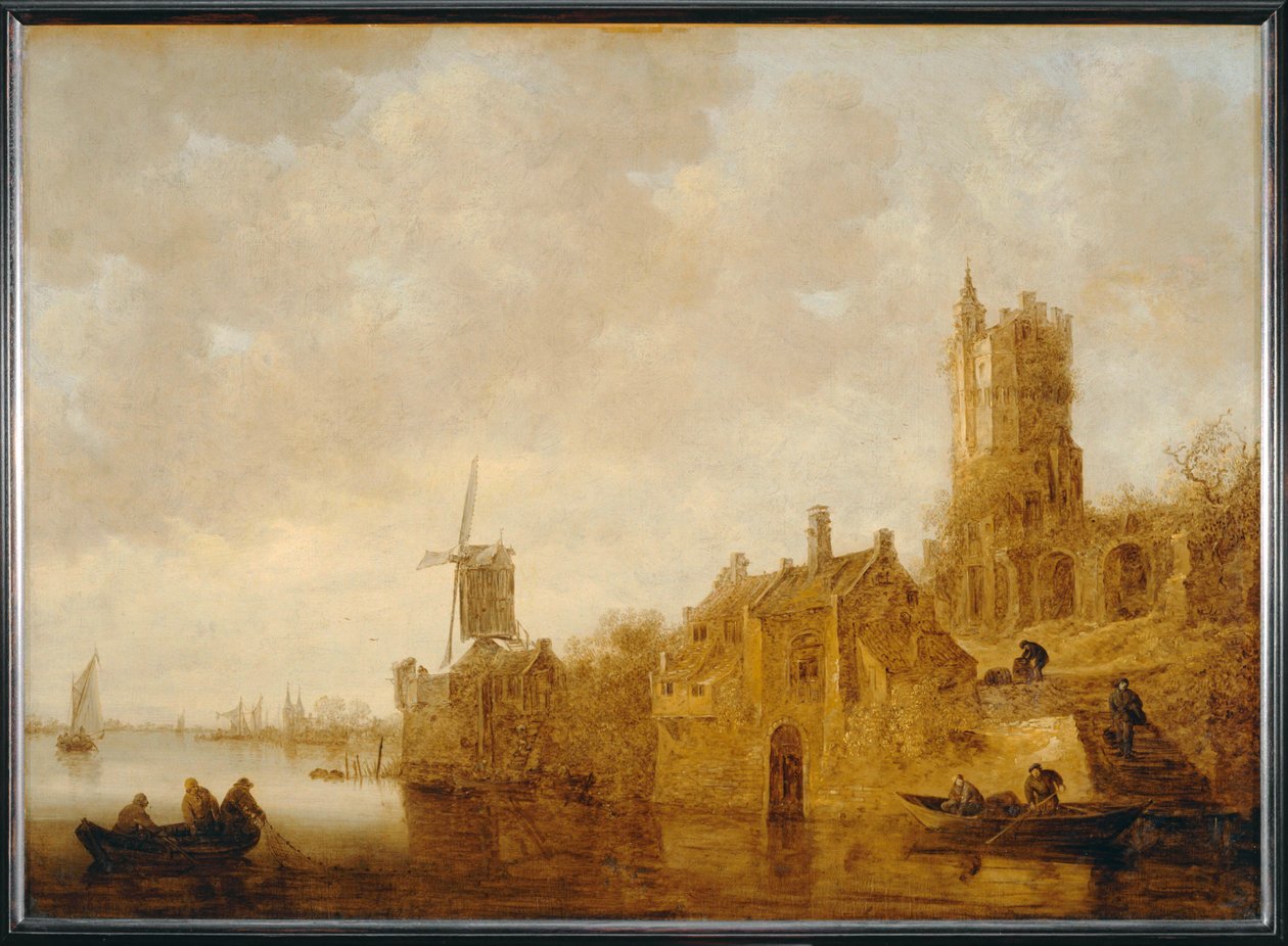 Říční krajina se zničeným mlýnem a chi˘teau... od Jan Josephsz van Goyen