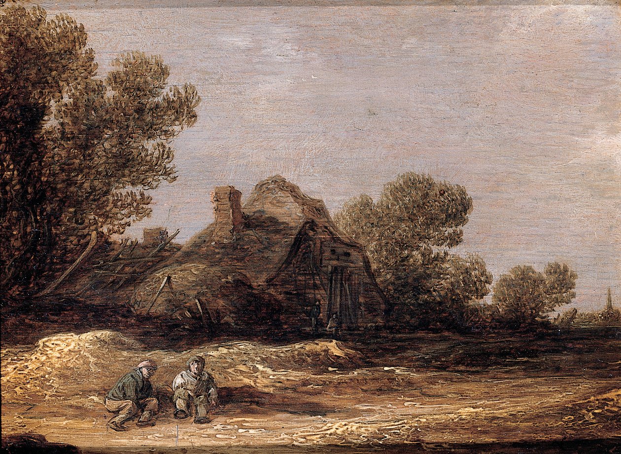 Rolníci odpočívající na trati u farmy - fragment od Jan Josephsz van Goyen