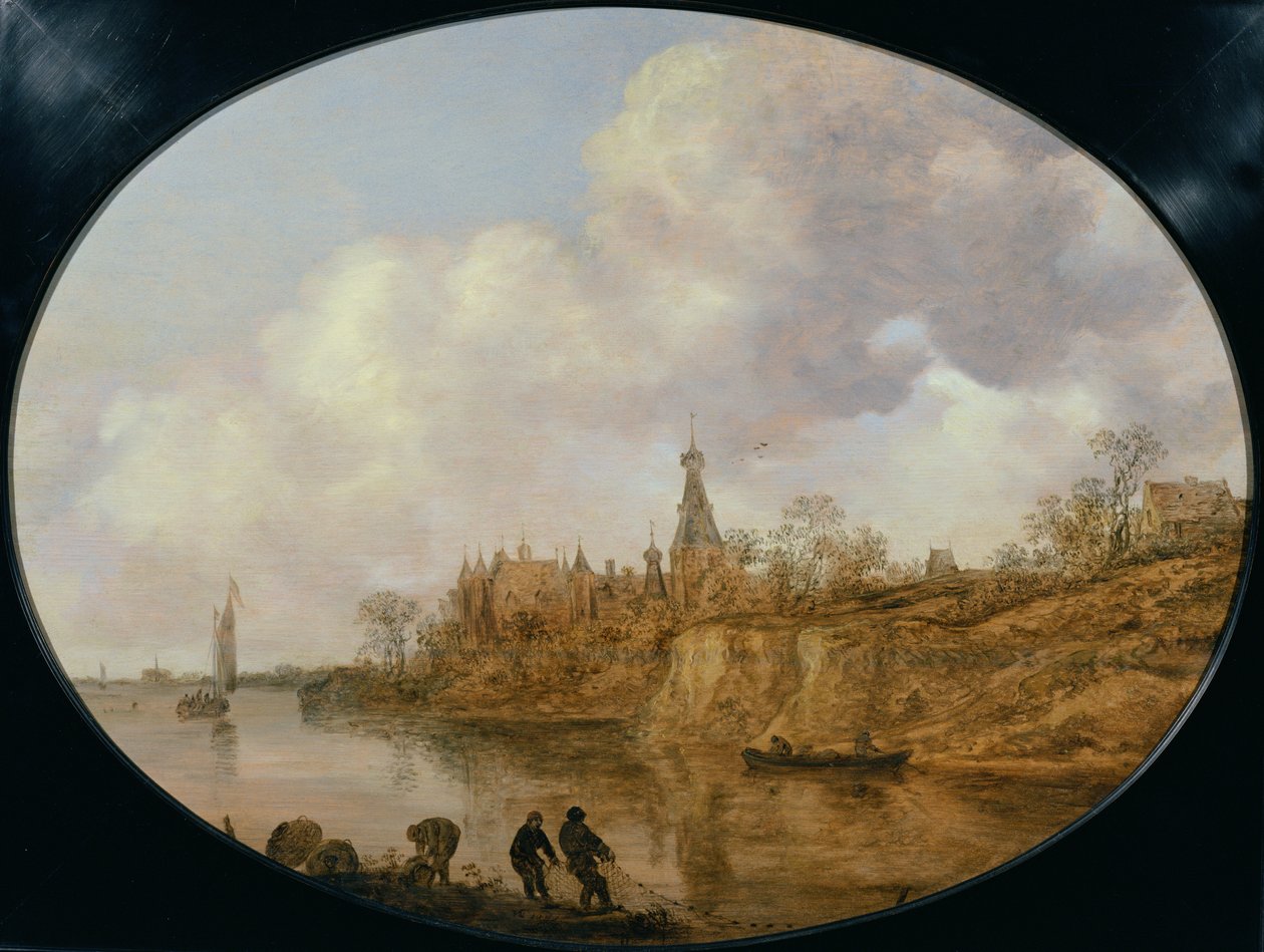Tři rybáři táhnoucí síť a koše na břehu řeky Krajina s hradem a vesnicí v dálce od Jan Josephsz van Goyen