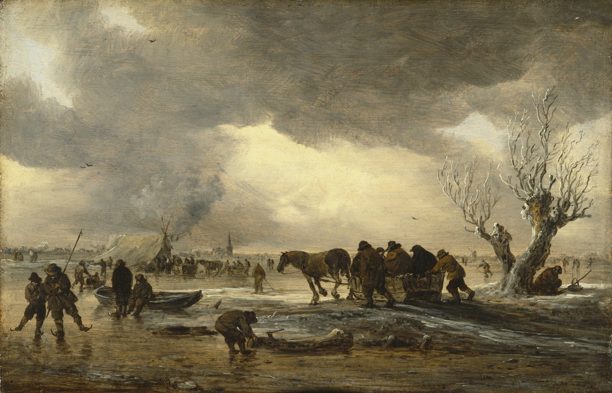 Zimní scéna se saněmi v popředí a postavami shromážděnými kolem stanu na ledu od Jan Josephsz van Goyen