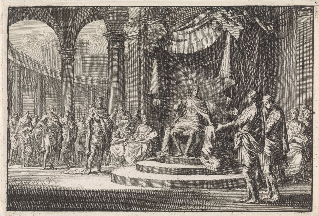 Alexander a Aristobulus se zodpovídají před císařem Augustem od Jan Luyken