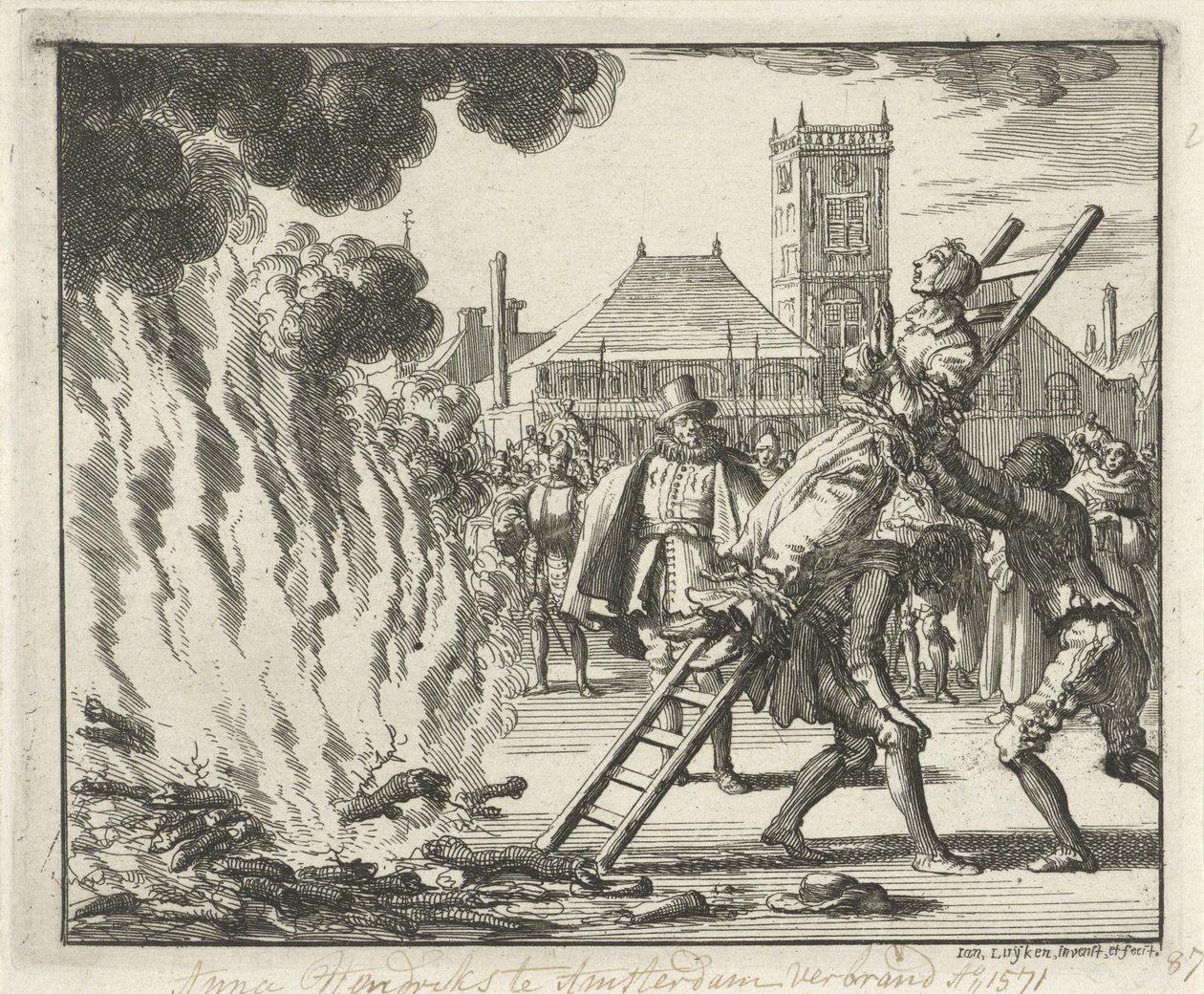 Anneken Hendriks, svázaný na žebříku, upálen v Amsterdamu, 1571, 1685 od Jan Luyken