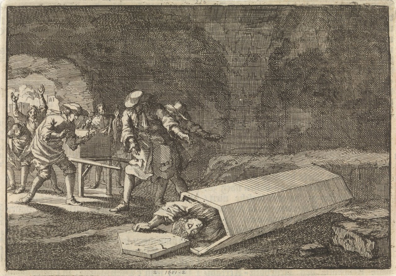 Pohřební sluhové v Římě vidí, že Antonio Marlini, kterého před několika dny pohřbili v trezoru, musel být zjevně mrtvý, 1696 od Jan Luyken