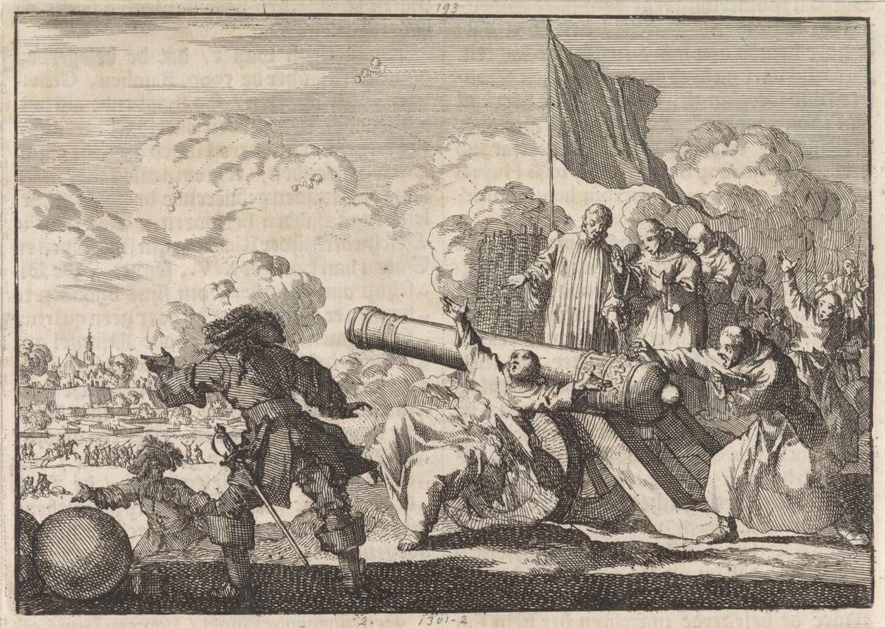 Obléhání Groningenu, ve kterém je dělo požehnáno šesti mnichy, 1672 od Jan Luyken