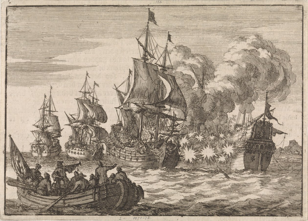 Ve Valencii je španělský admirál Papachino napaden třemi francouzskými loděmi pod velením admirála Tourville za to, že nezdravil dostatečně rychle, 1688 od Jan Luyken