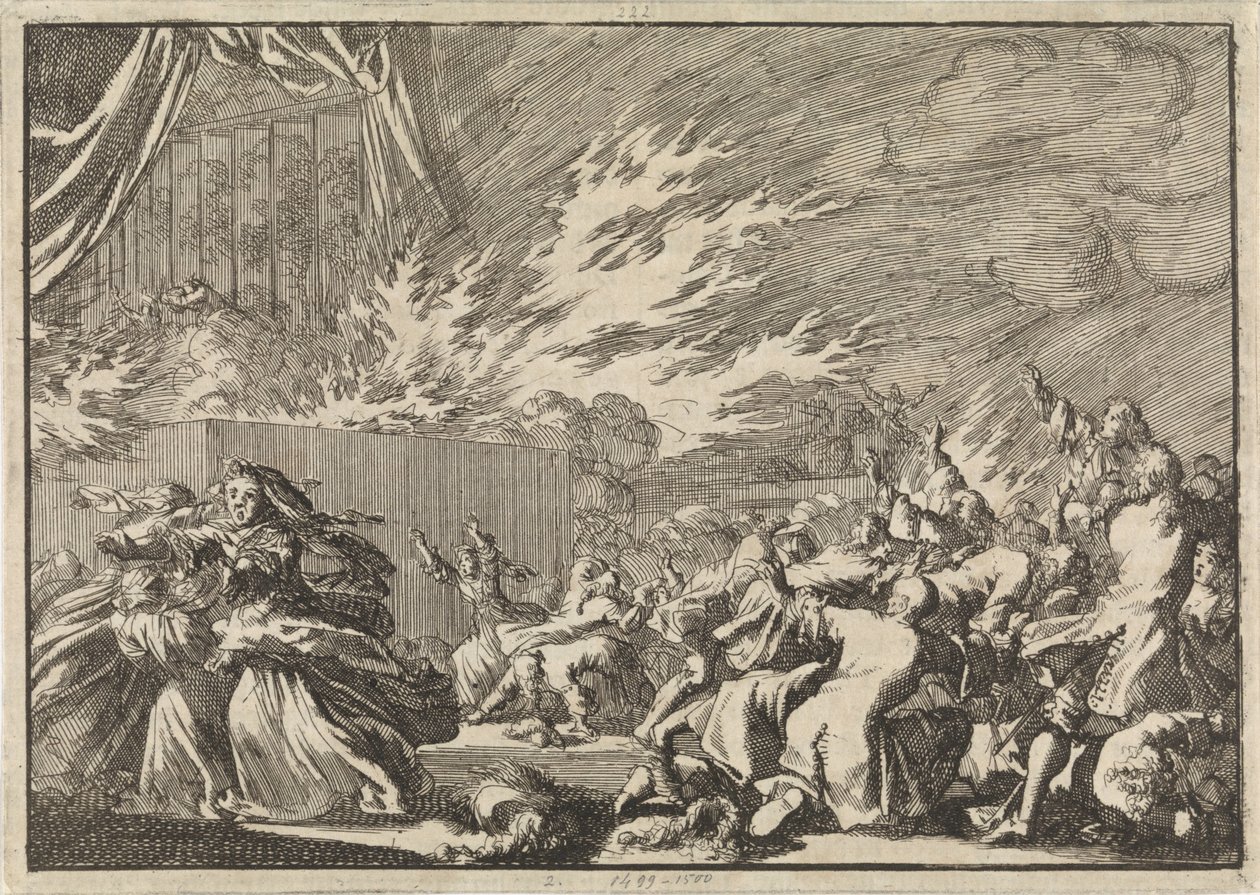 Požár dřevěné kůlny, ve které se vedle zámku Amelienborg v Kodani odehrává divadelní představení, 1689 od Jan Luyken