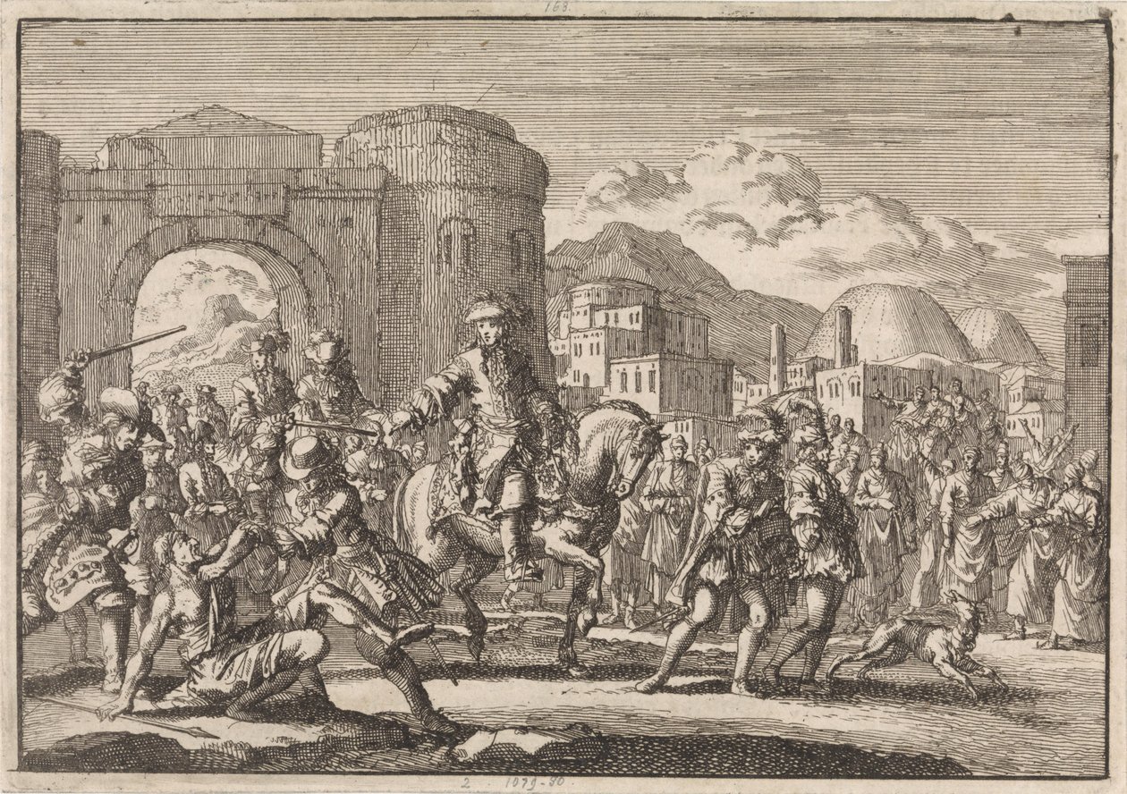 Francouzský vyslanec u sultána vjíždí na koni do Jeruzaléma, 1674 od Jan Luyken