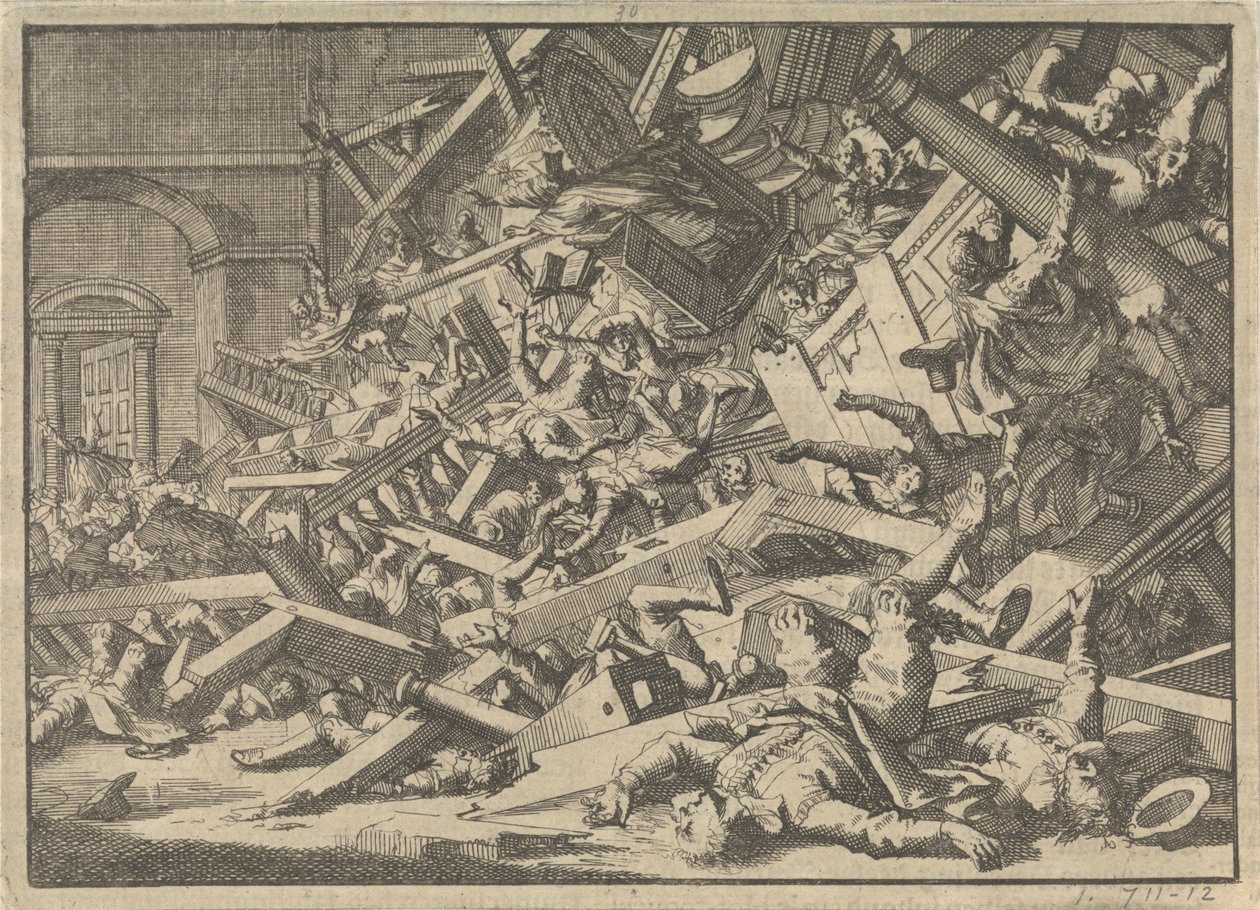Zřícená galerie během katolické bohoslužby v domě španělského vyslance v Londýně, 1623 od Jan Luyken
