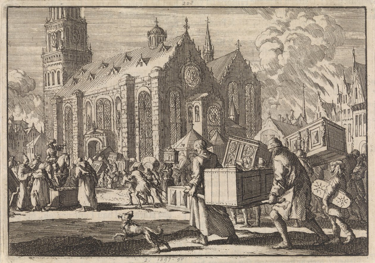 Obyvatelé Spires v dobré víře přinášejí svůj nábytek do katedrály, kde je následně spálí francouzský generál Monclar, 1689 od Jan Luyken