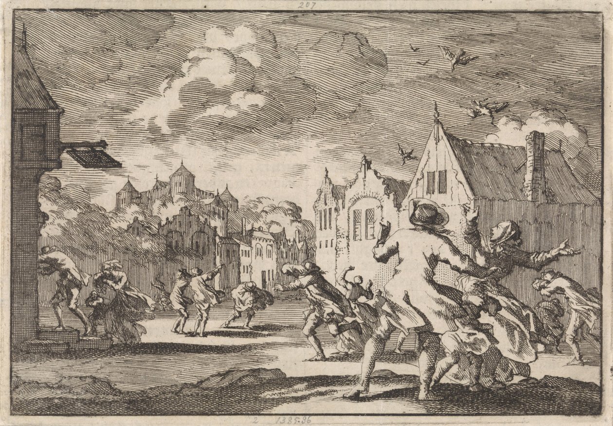 Obyvatelé vesnice poblíž zámku Luchow v Lüneburgu jsou zachváceni vichřicí, která způsobuje, že ptáci padají mrtví z nebe, 1671 od Jan Luyken
