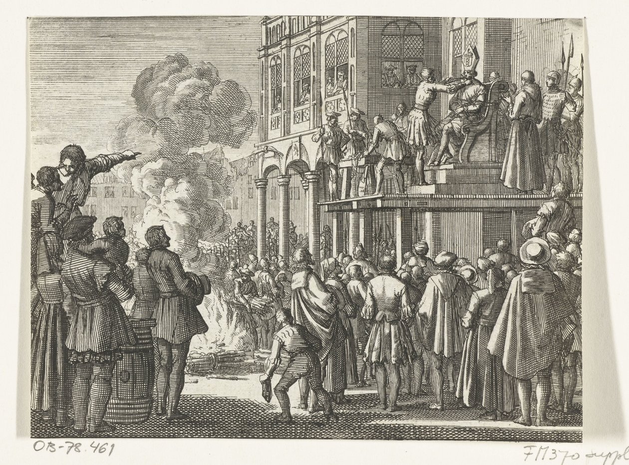 Jacob van Campen s mitrou na hlavě na popravišti v Amsterodamu, 1535 od Jan Luyken
