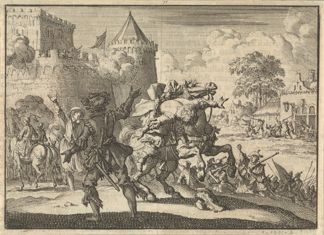 Císařský velitel Dampier spadl z koně po výstřelu z hradeb Presburgu (Bratislava), 1620 od Jan Luyken
