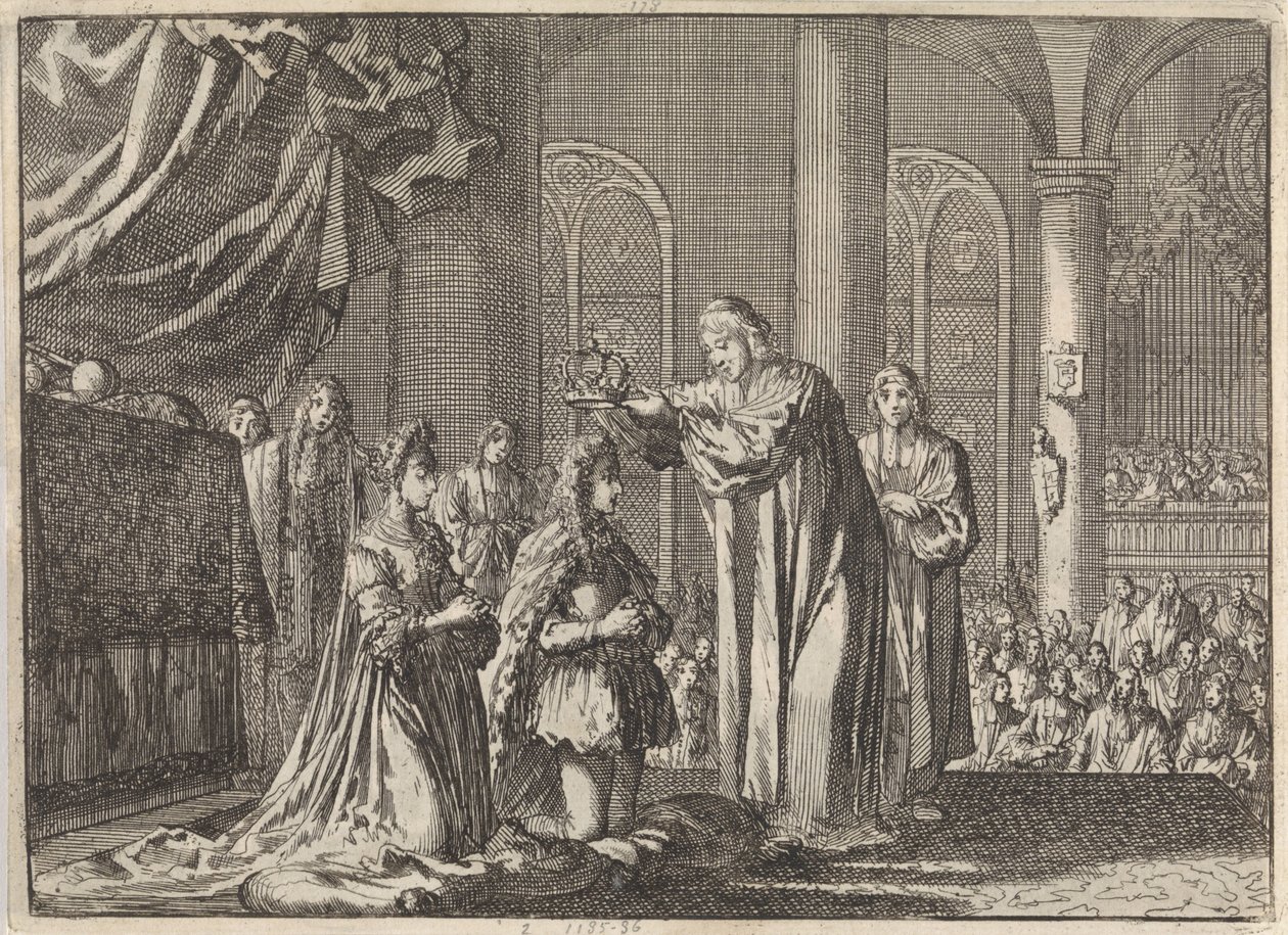 Korunovace Viléma III. a Marie II. Stuartovny arcibiskupem z Canterbury, 1689 od Jan Luyken