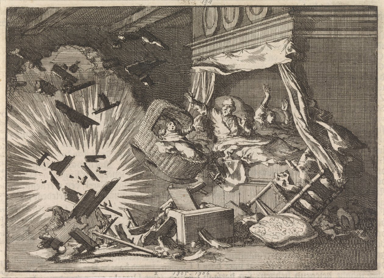 Exploze bomby v domě na Ebbingestraat v Groningenu, 1672 od Jan Luyken