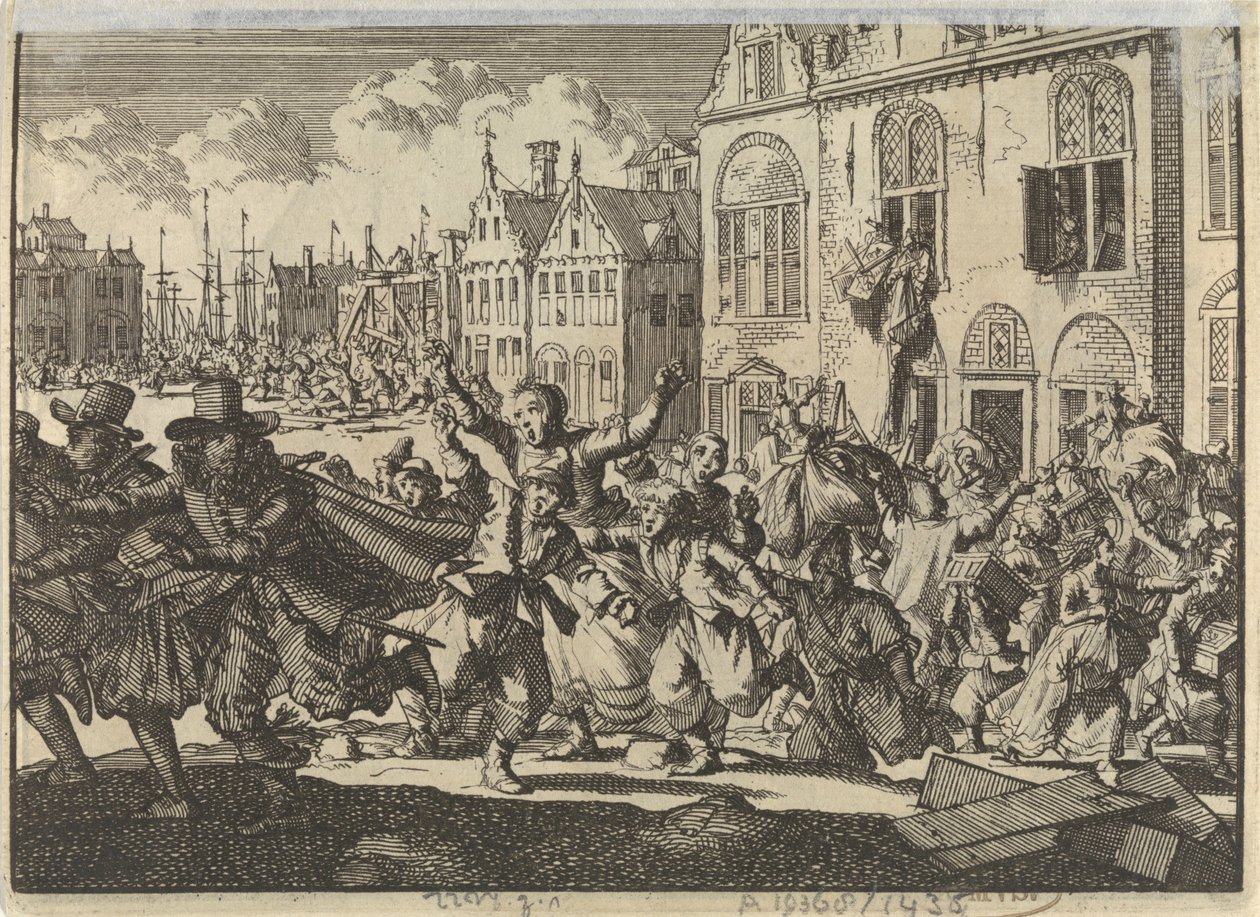 Vzpoura v Enkhuizenu, při níž jsou zničeny domy viceadmirálů Kwasta a Turka, 1635 od Jan Luyken