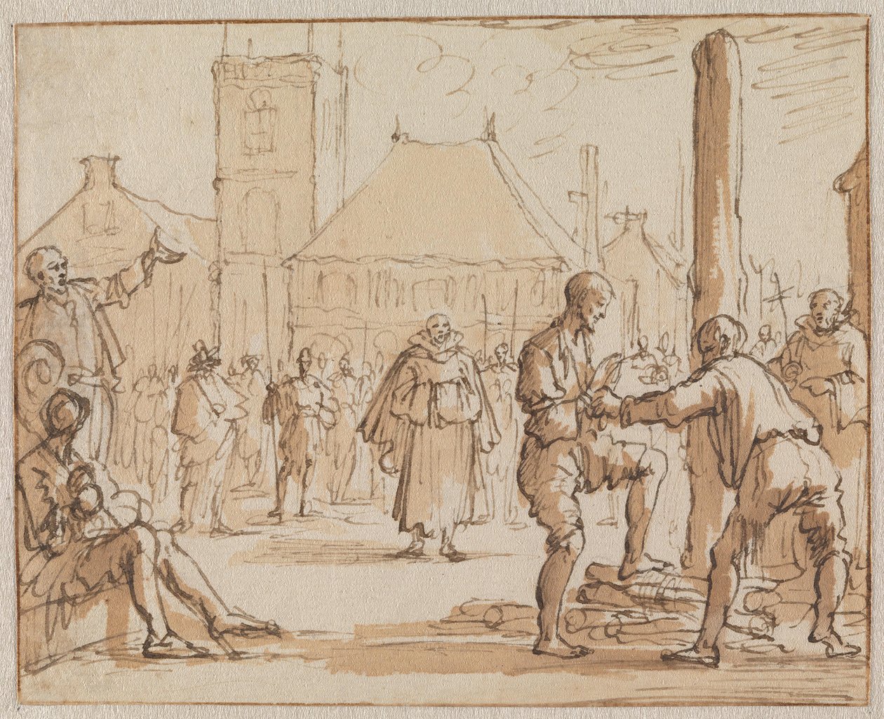 Pieter Bekjen vystupuje na hranici v Amsterdamu roku 1569 od Jan Luyken