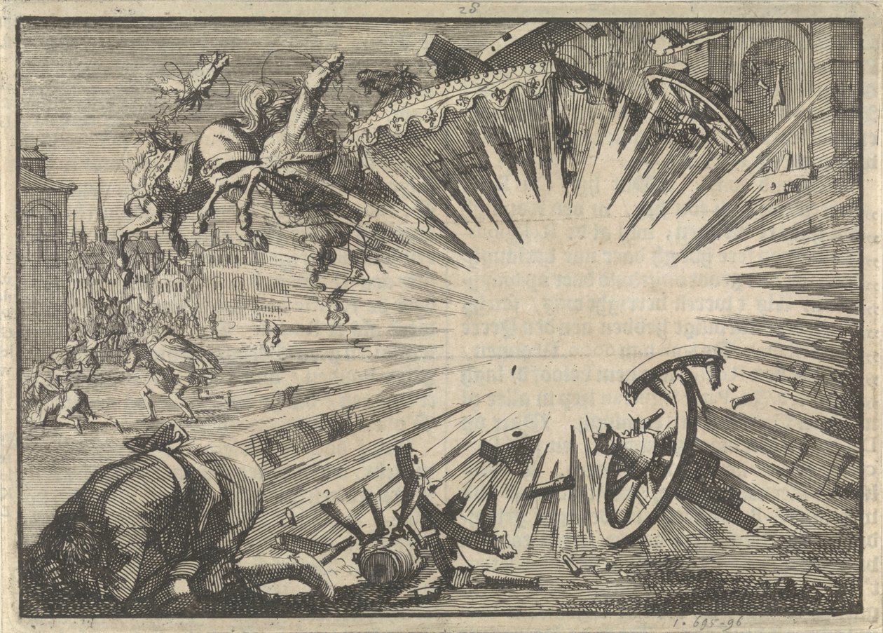 Kočár a koně krále Ludvíka XIII. zničené výbuchem pekelného stroje, kolem roku 1625 od Jan Luyken