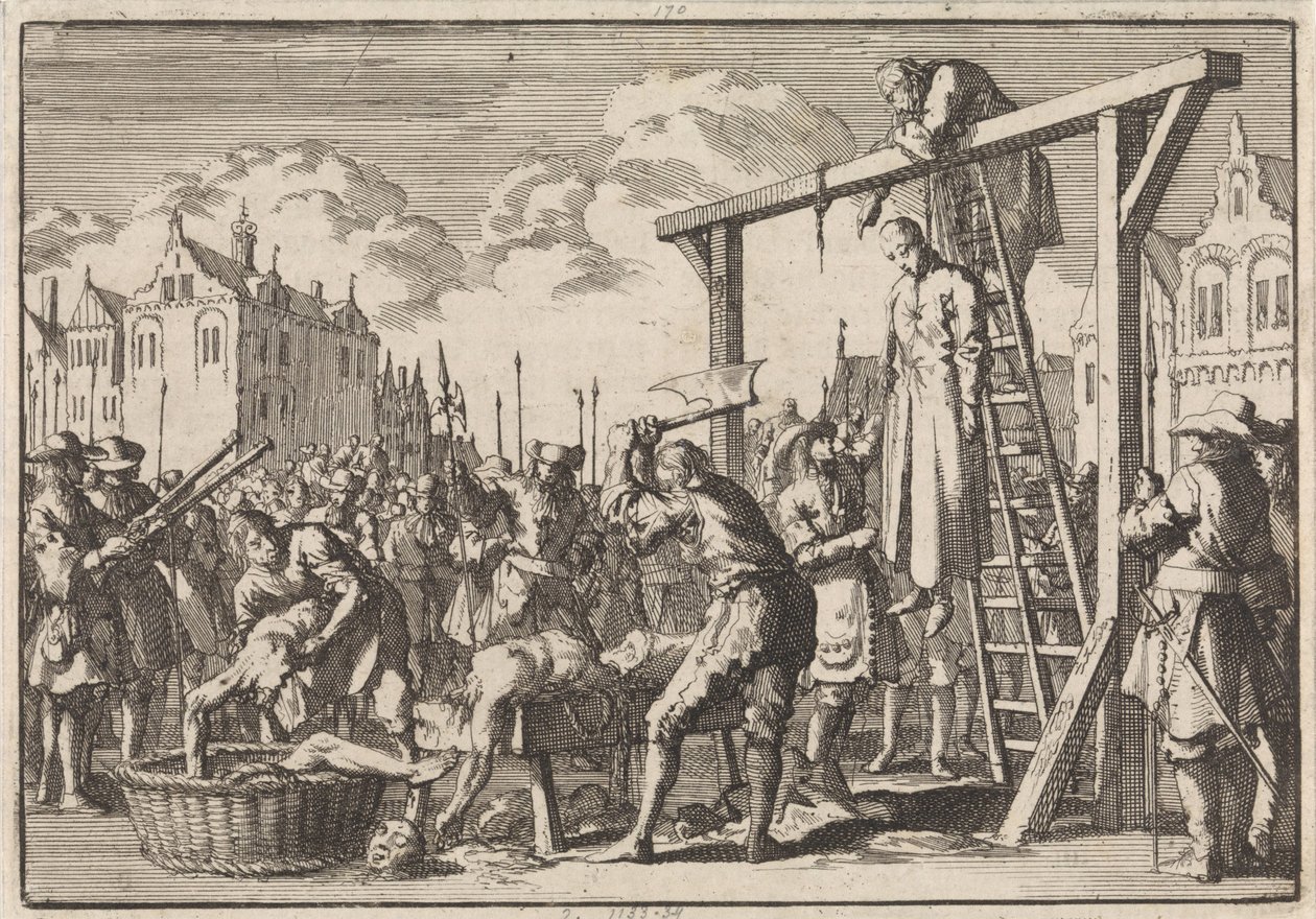 V Londýně je oběšen jezuita William Ireland a John Grove je ubytován za zamýšlenou sebevraždu, 1679 od Jan Luyken