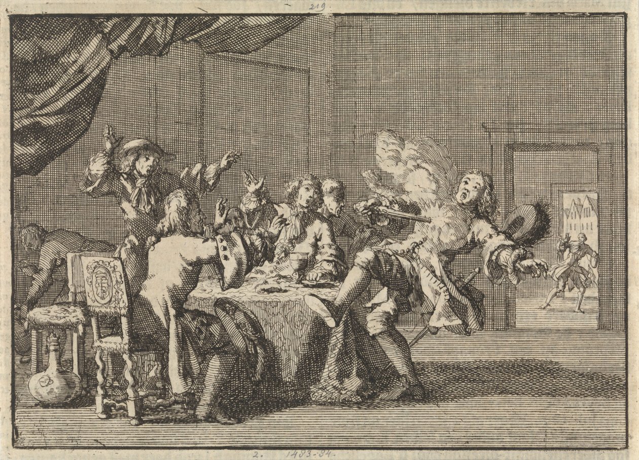 Thomas Tullock, podporovatel krále Jakuba II ve Skotsku, je zabit neočekávanou střelbou z jeho zbraně, 1690 od Jan Luyken