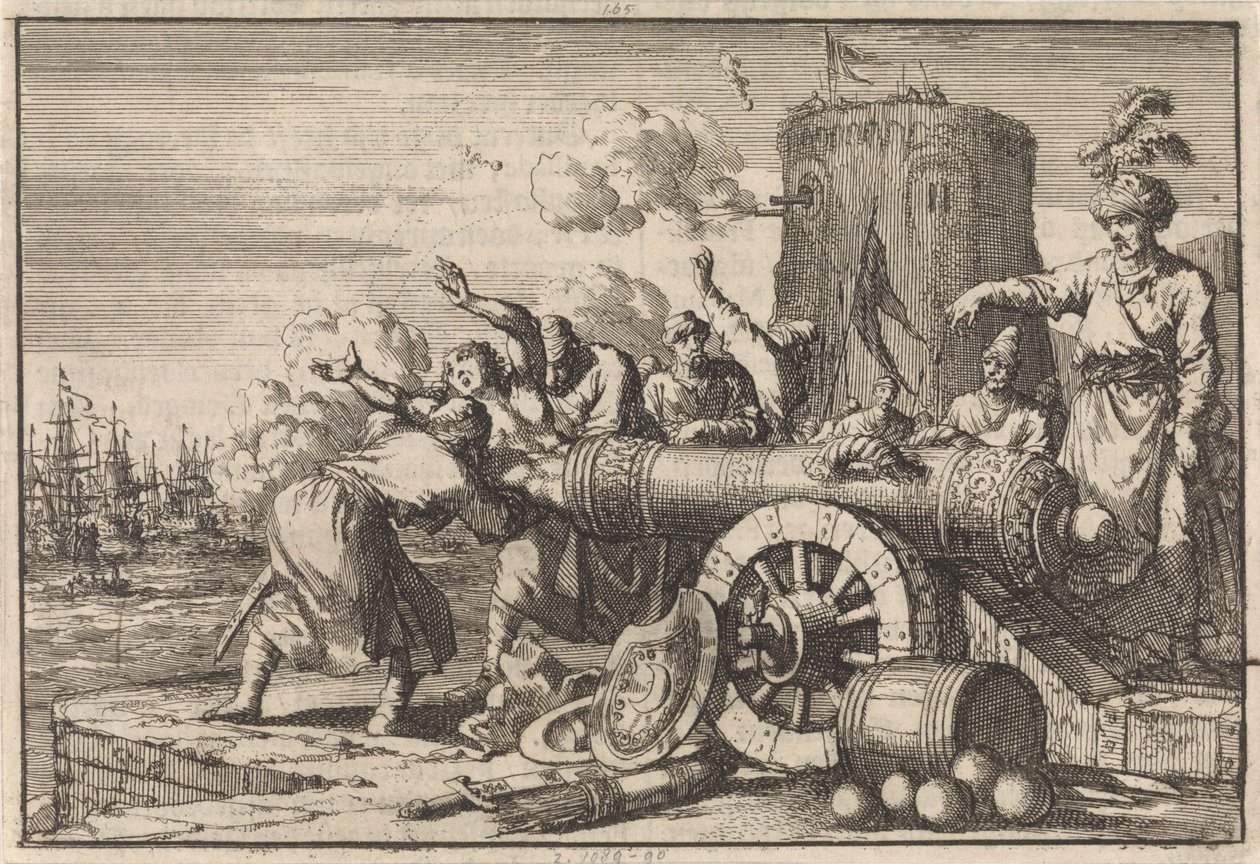 Během francouzského bombardování Alžíru je francouzský konzul nabit Alžířany do děla a zabit, 1683 od Jan Luyken