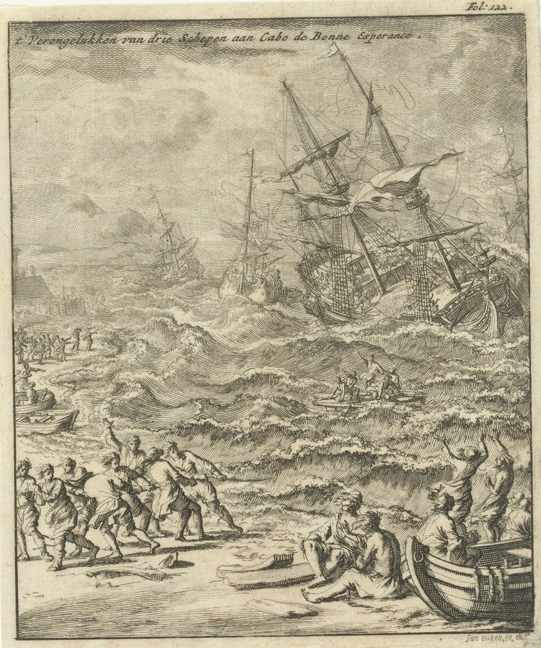 Ztroskotání na mysu Dobré naděje, 1693 Havárie tří lodí v Cabo de Bonne Esperance (název na předmětu) od Jan Luyken